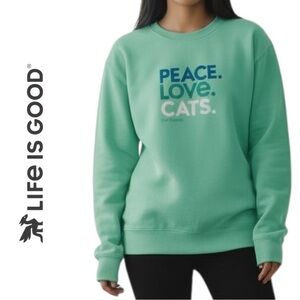 Life is Good Women's XXL Peace Love Cats Simply True Fleece Crew Mint Green NEW